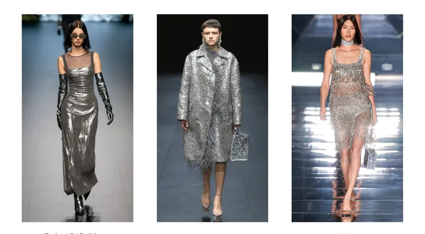 Мода 2023, тренд «серебристый металлик»; примеры весенней коллекции Valentino (в центре) и Dolce&Gabbana