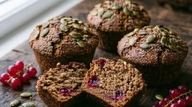Льняные маффины с красной смородиной и тыквенными семечками