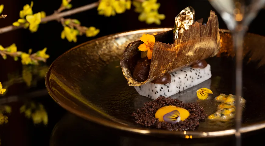 Шоколадный мусс с питахайей и маракуйей в Гранд-лобби & баре «Шаляпин» (Фото: предоставлено пресс-службой ресторана)