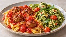 Тальятелле с мясными и сырными шариками под красным и зеленым соусами