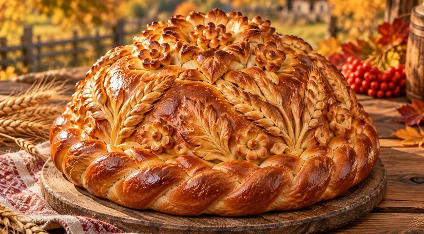 Каравай — пышный свадебный хлеб, украшенный декором из теста