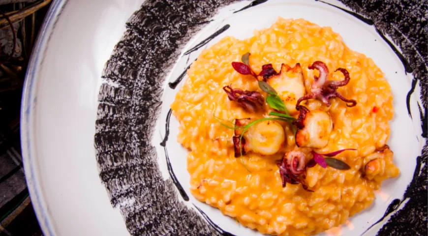 Ризотто с осьминогом и лимонным сорго, рецепт