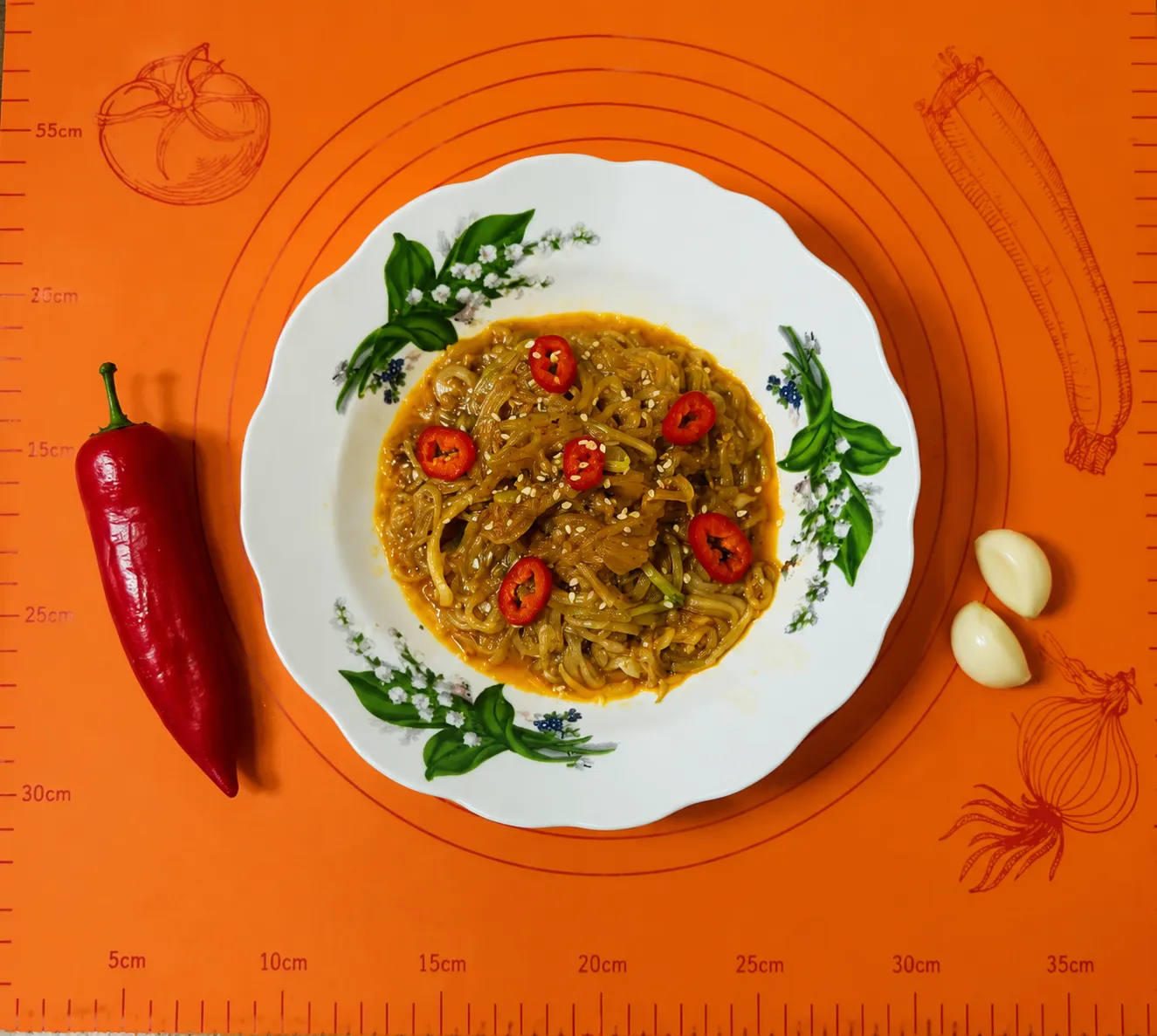 Спагетти из кабачка с кунжутом и кетчупом