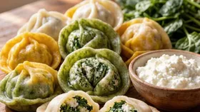 Цветные пельмени с начинкой из творога и шпината