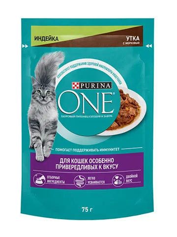 Влажный корм Purina ONE® для кошек особенно привередливых к вкусу, индейка и утка высокого качества с морковью, пауч, 75г