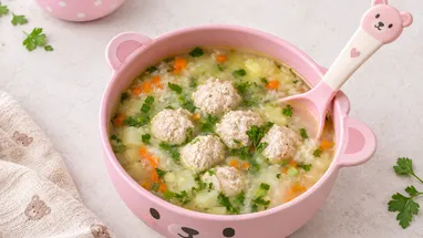 Нежный суп с фрикадельками, кабачком и рисом