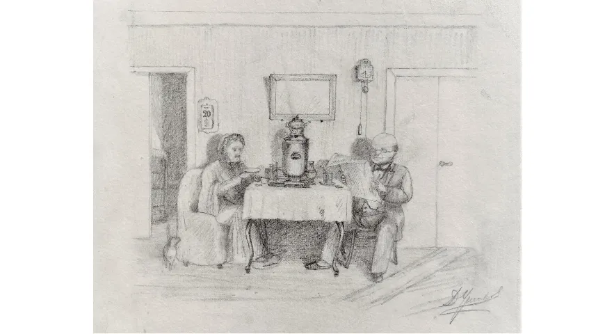 Чай в России. Рисунок Д. Н. Ушакова «Чаепитие»