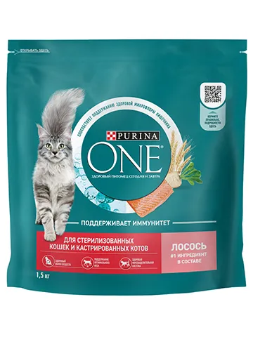 Сухой корм Purina ONE® полнорационный для стерилизованных кошек и кастрированных котов, с высоким содержанием лосося, 1,5 кг