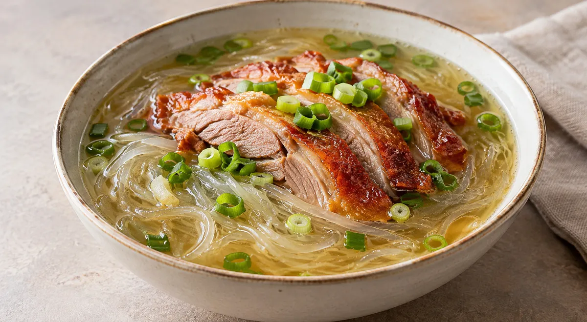 Суп со "стеклянной" лапшой и кусочками копченой утки (Kao ya fensi tang)