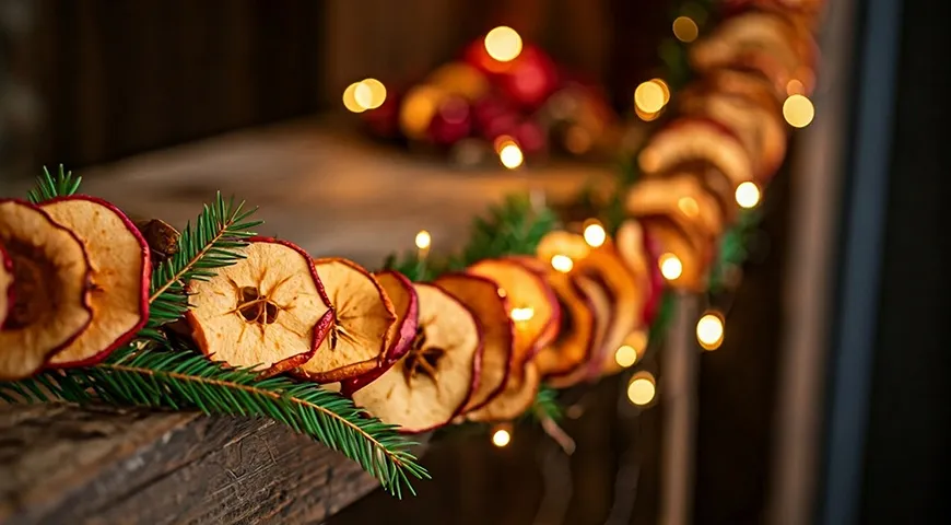 Чтобы сделать такую гирлянду, понадобятся сушеные яблоки, еловые ветки и прочная нитка