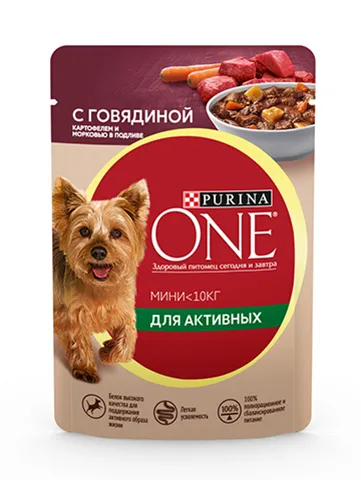 Влажный корм Purina ONE Мини для активных взрослых собак мелких и карликовых пород, с говядиной, картофелем и морковью в подливе 85 г