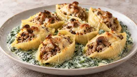 Конкильони с мясом под соусом из шпината (Горячая закуска)