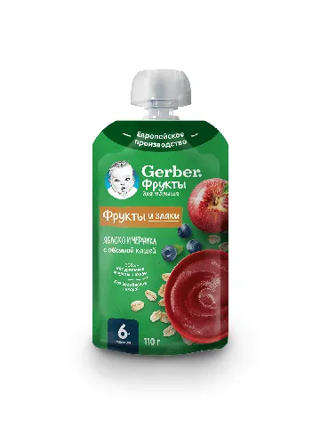 GERBER Пюре яблоко/черника/овсян каша с 6мес 110г