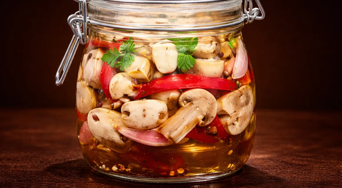 Шампиньоны, маринованные с уксусом и чесноком
