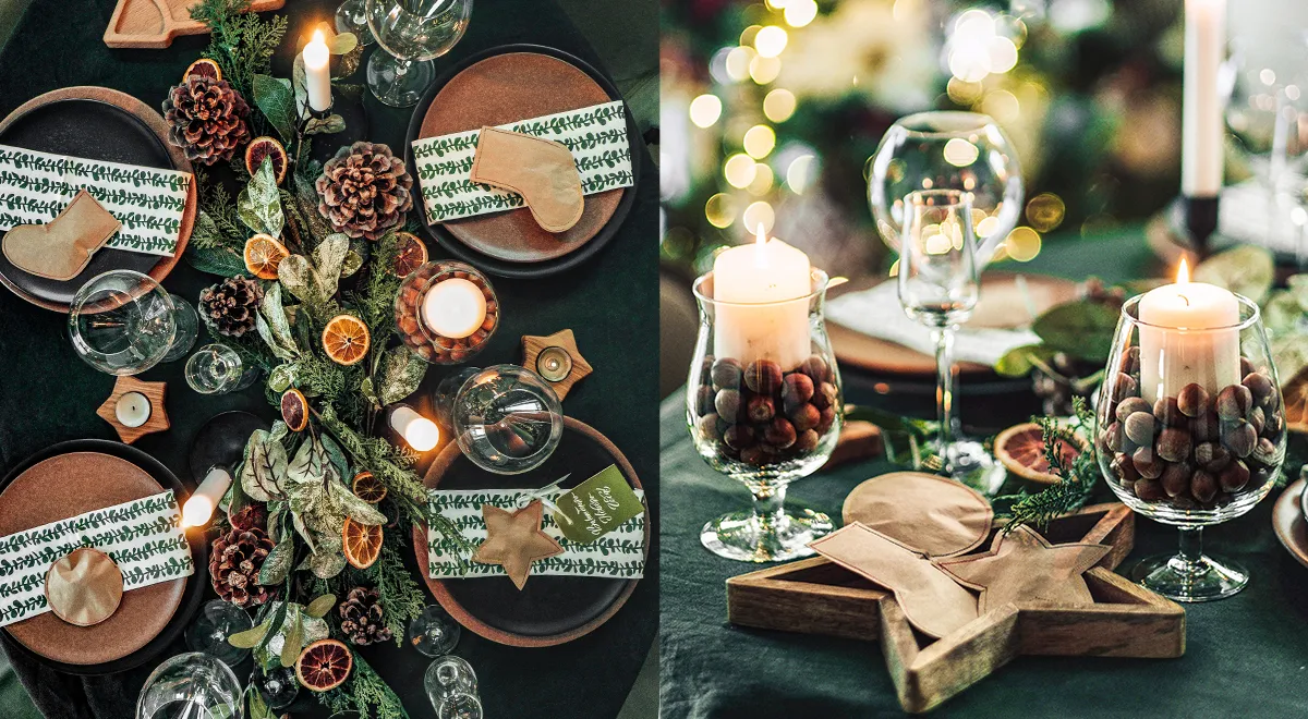 Детали сервировки новогоднего стола, использование орехов и шишек