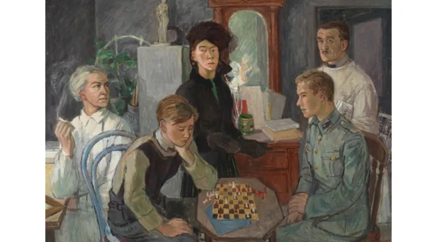 «Семья», картина Туве Янссон, написанная в 1942 г. На ней братья Янссон – Пер-Улоф в военной форме и Ларс в штатском –играют в шахматы в окружении Туве и их родителей.