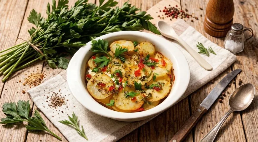 Картофельная запеканка с рикоттой, сладким перцем и травами