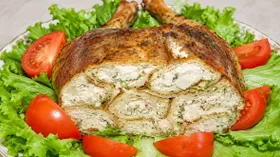 Курица, фаршированная блинами и грибами