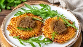 Картофельные драники с икрой сельди и рукколой