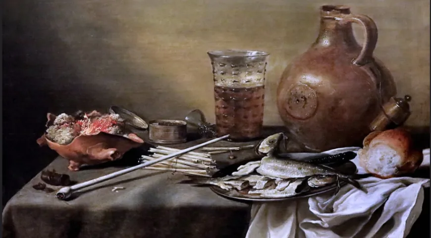 Питер Клас, «Натюрморт с табакеркой и кремнем, селёдкой, хлебом, стаканом пива и кувшином», 1647 г.