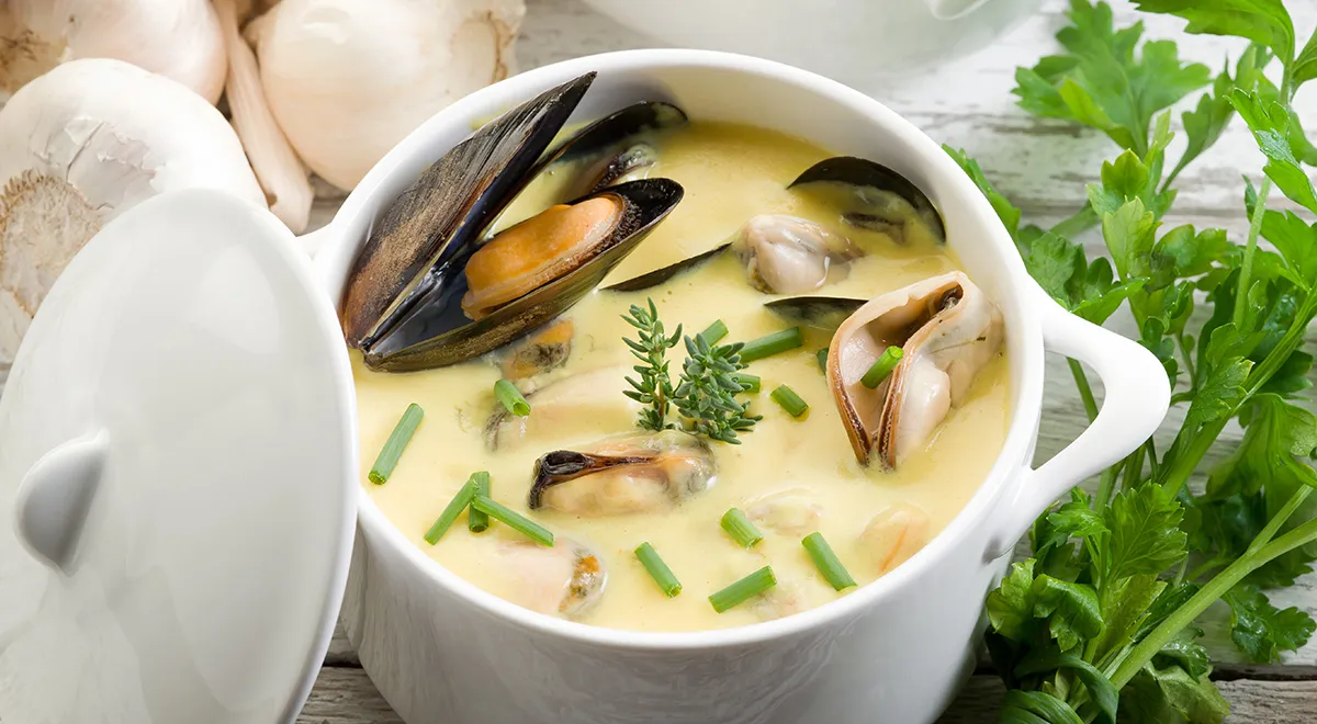 Рецепт сливочного супа из мидий с белым сухим вином