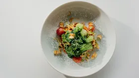 Салат с бок-чой, капустой кимчи и хумусом из паприки