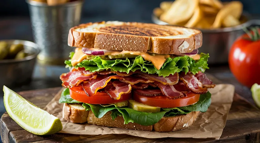 BLT (bacon, lettuce, tomato) — классический сэндвич с беконом, листом салата и ломтиком помидора