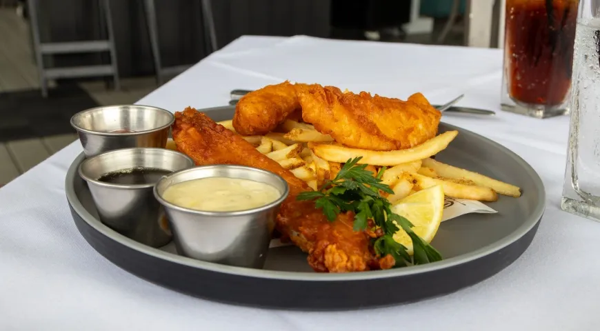 Популярное в Великобритании блюдо — картошку и рыбу в кляре — подают с солодовым уксусом