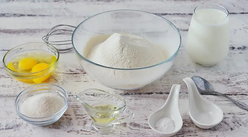 Кефир и мука. Как сделать пресное тесто без кефира и молока. Milk , Egg, flour, Sugar, Salt , Vegetable Oil. Картинки раскраски мука, яйцо, молоко, соль. Сода блинов.