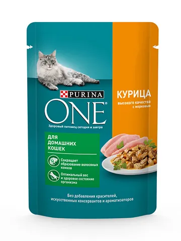 Влажный корм Purina ONE® для домашних кошек, с курицей и морковью, Пауч, 75 г