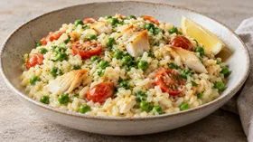 Ризотто с копченой треской и горошком