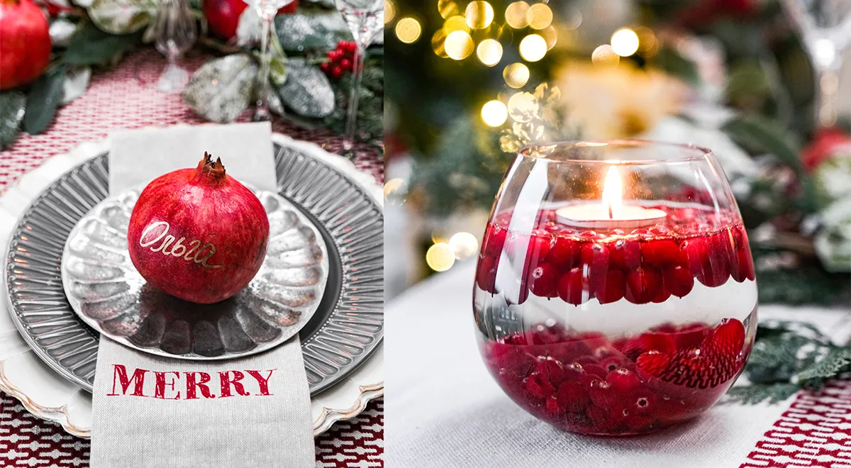 Детали сервировки новогоднего стола, использование гранатов и зимних ягод