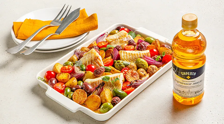 Запеченная рыба с картофелем и оливками