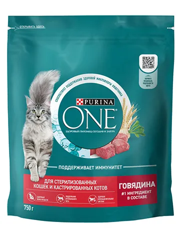 Сухой корм Purina ONE® полнорационный для стерилизованных кошек и кастрированных котов, с высоким содержанием говядины, 750 г