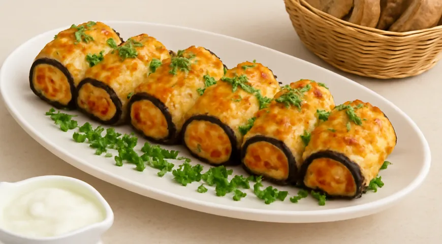 Рулетики из баклажанов с помидорами, сыром и чесноком