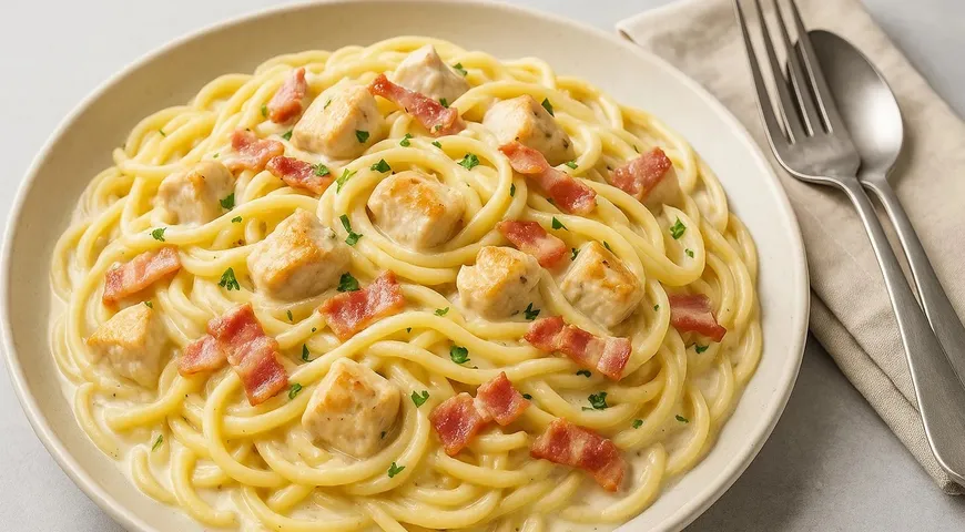 Паста карбонара с курицей и сливками
