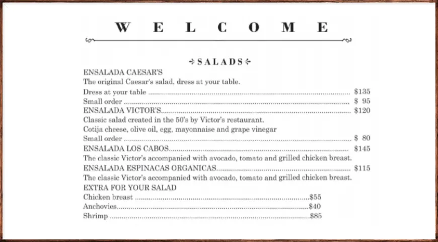 Часть актуального сегодня меню ресторана Caesar's, Тихуана, Мексика
