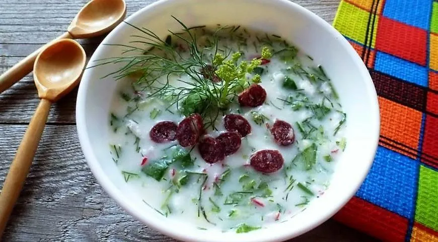 Окрошка на айране с колбасой