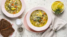 Суп с сайрой и рисом