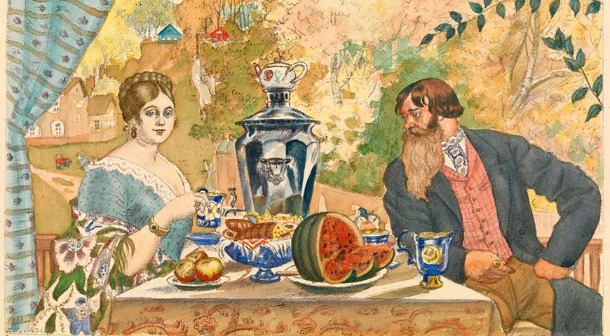 Борис Кустодиев. Купец с женой за столом (1922)