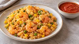 Ризотто с креветками с кукурузой и горошком