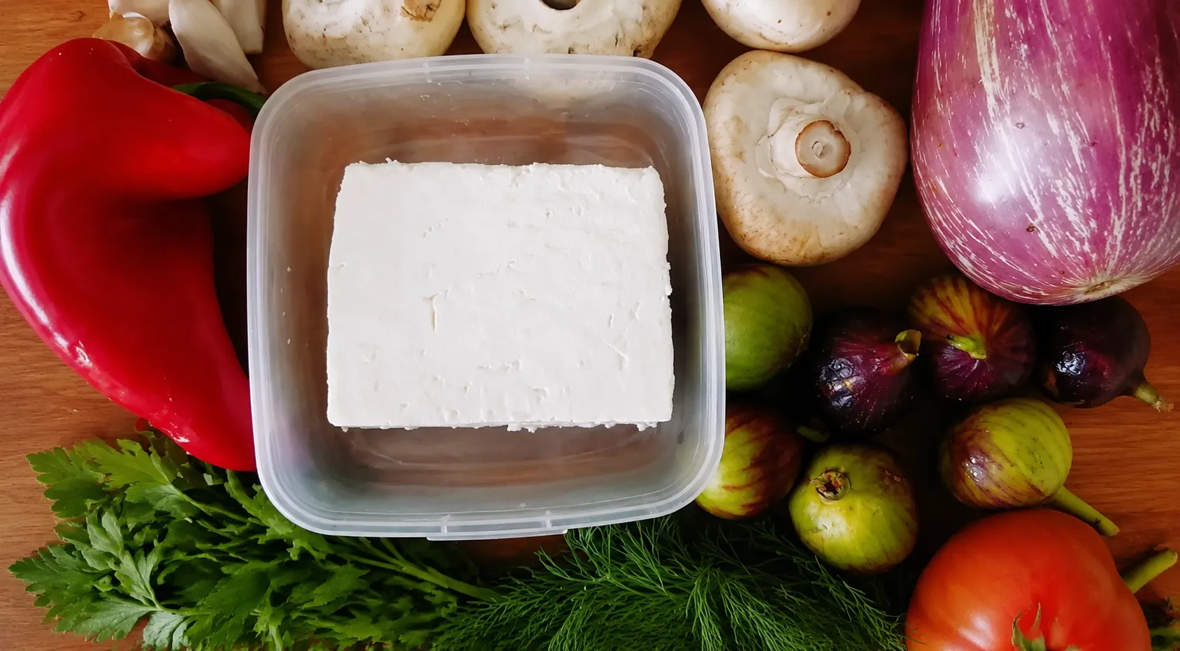 Ингредиенты для пирога с овощами, козьим сыром и инжиром 