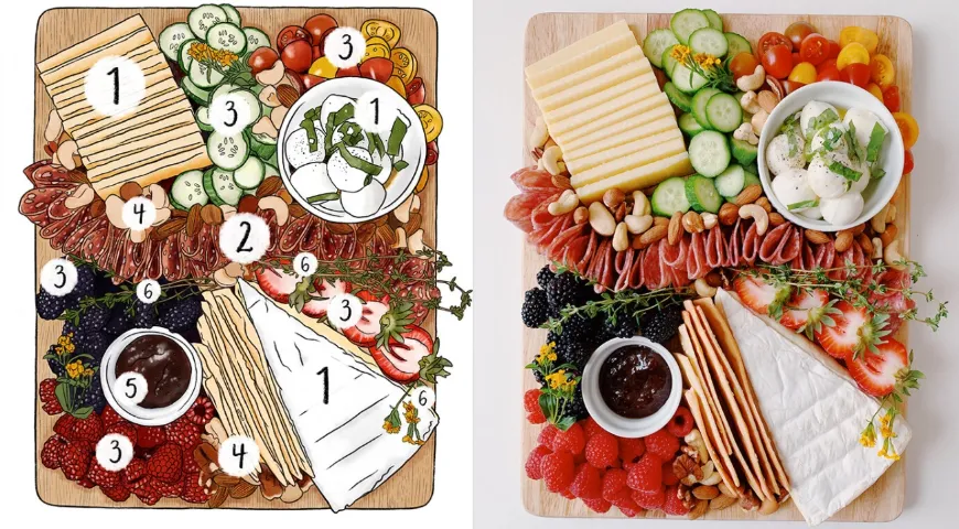 Наглядный пример использования метода «Сыр по номерам»: 1 – разные сыры, 2 – мясная нарезка, 3 – ягоды и овощи, 4 – орехи, 5 – соус/дип и 6 – свежая пряная зелень