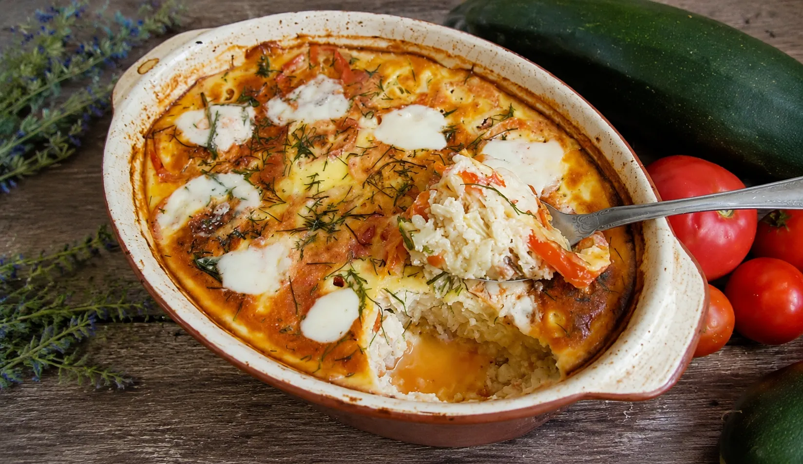 Кабачковая запеканка с моцареллой и томатным кетчупом
