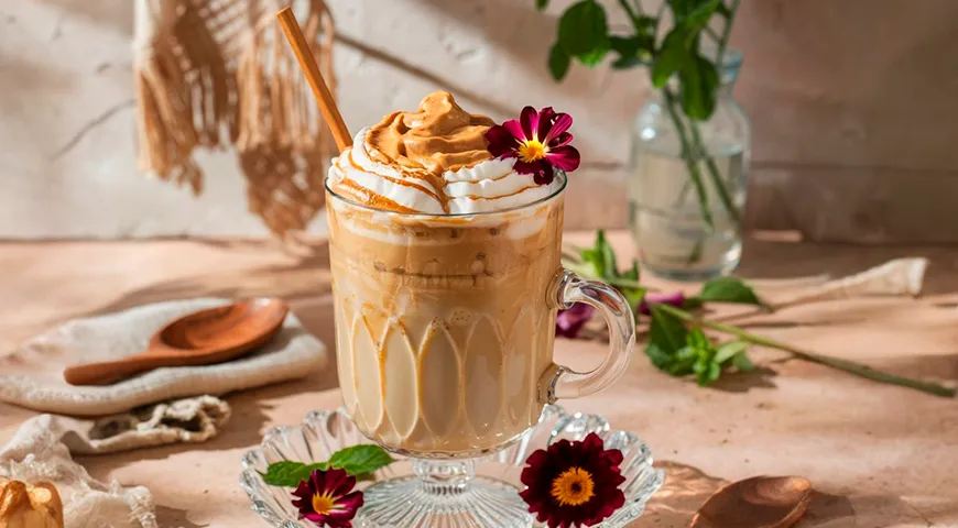 Арахисовый раф является высококалорийным десертным кофейным напитком, базирующимся на сливках и арахисовой пасте