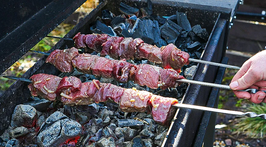 Шашлык с овощной икрой на углях