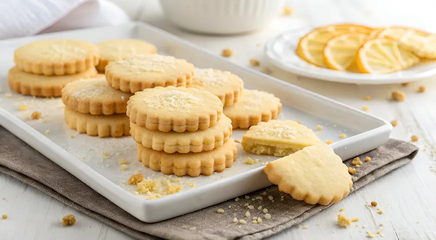 Качественное песочное печенье отличается ровным светло-золотистым цветом, матовой поверхностью без жирного блеска и мелкозернистой рассыпчатой текстурой