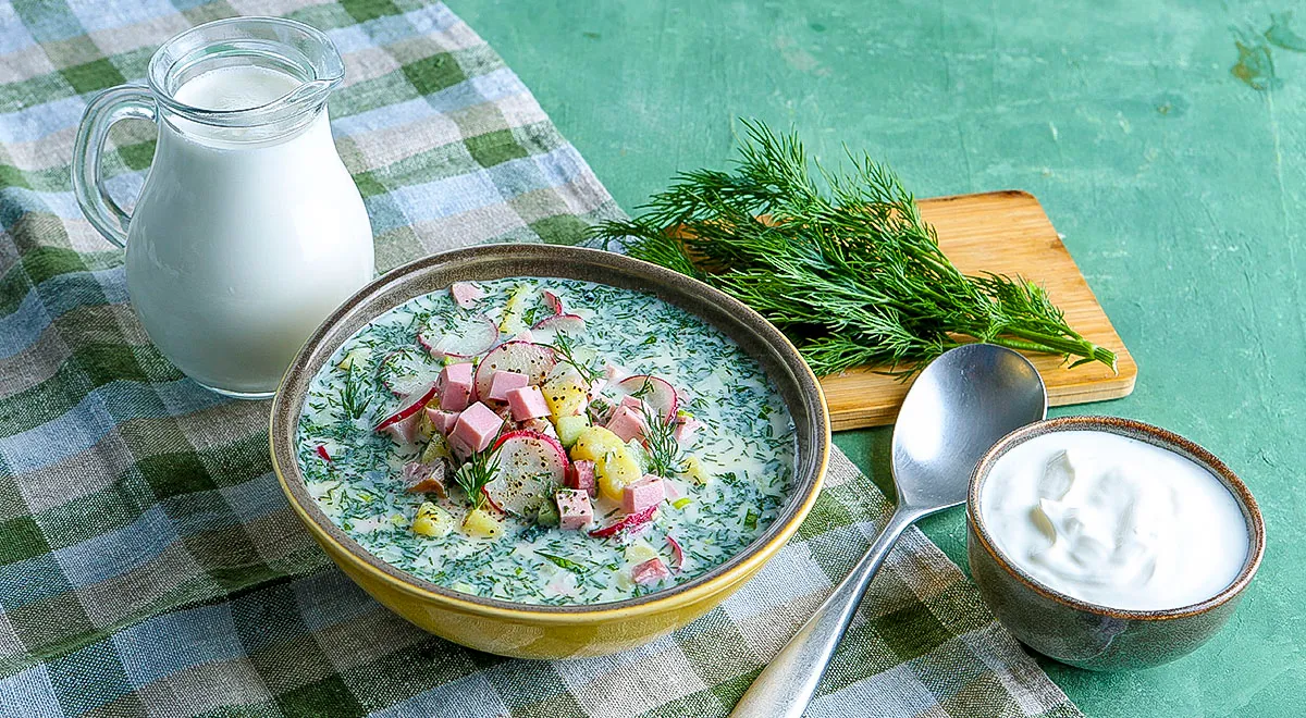 Окрошка с мясным ассорти на кефире с минералкой