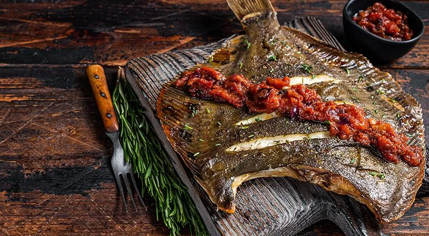 Запеченная в духовке камбала с большим количеством овощей — идеальный вариант приготовления этой рыбы
