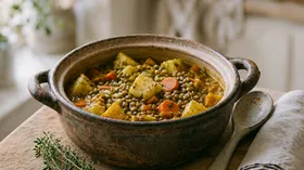 Картофельное рагу с чечевицей и тыквой в горшочке